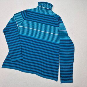 Duluth Women's Long Sleeve Mock Neck Striped CoolMax Sweater Blue/Aqua Sz XL